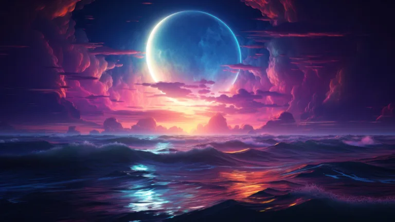 Immerse yourself in the mesmerizing scene of neon-colored sea waves under the moonlight, depicted in this AI-generated 4K wallpaper. Ideal for high-resolution displays, it portrays the serene beauty of the ocean at night with a vibrant twist.