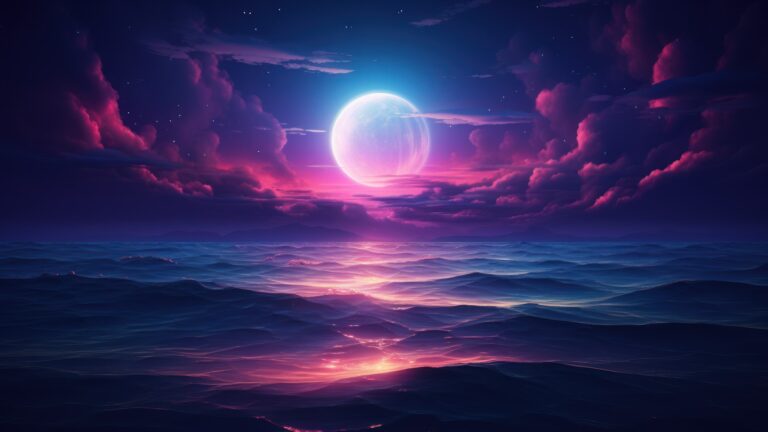 Immerse yourself in the tranquility of a moonlit serene sea in this AI-generated 4K wallpaper. Perfect for high-resolution displays, it captures the serene beauty of the nighttime ocean scenery.