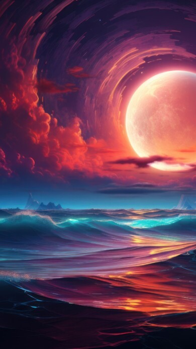 Enjoy the mesmerizing view of a vibrant ocean illuminated by moonlight in this AI-generated 4K wallpaper. Ideal for high-resolution displays, it showcases the colorful and enchanting nighttime seascape.