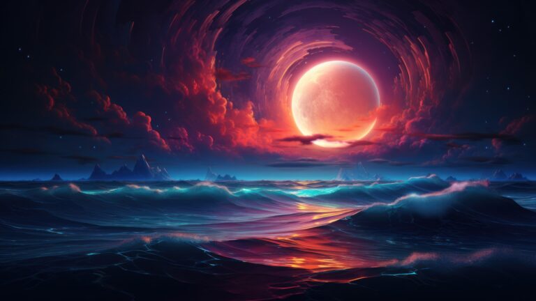 Enjoy the mesmerizing view of a vibrant ocean illuminated by moonlight in this AI-generated 4K wallpaper. Ideal for high-resolution displays, it showcases the colorful and enchanting nighttime seascape.