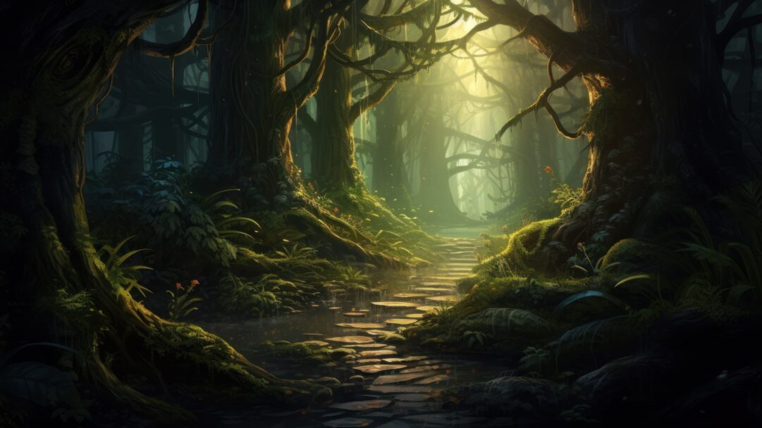 Delve into the enigmatic allure of a forest with this AI-generated 4K wallpaper. Perfect for high-resolution displays, it captures the mystical essence of a mysterious woodland.