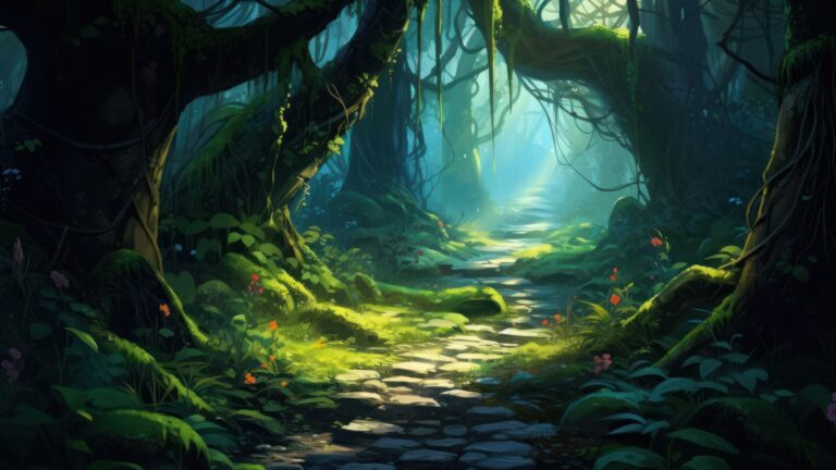 Immerse yourself in the captivating beauty of a mysterious lush forest portrayed in this AI-generated 4K wallpaper. Perfect for high-resolution displays, it showcases the abundant foliage and captivating atmosphere of a mysterious woodland.