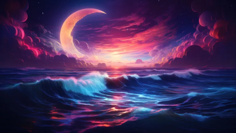 Dive into a mesmerizing world with this AI-generated 4K wallpaper featuring neon-colored waves under the moonlight. Ideal for high-resolution displays, it captures the serene beauty of illuminated ocean waves against the moonlit backdrop.
