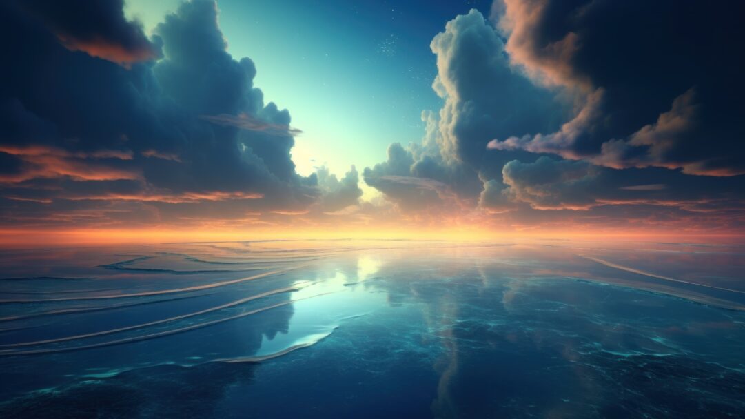 Witness the enchanting moment when the sky meets the sea at sunset in this mesmerizing 4K wallpaper created by AI. It's a perfect choice for your high-resolution desktop background, capturing the serene beauty of the merging elements.