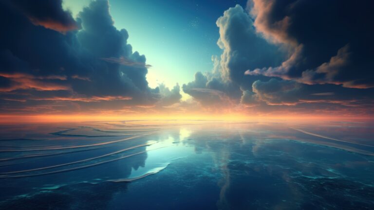 Witness the enchanting moment when the sky meets the sea at sunset in this mesmerizing 4K wallpaper created by AI. It's a perfect choice for your high-resolution desktop background, capturing the serene beauty of the merging elements.