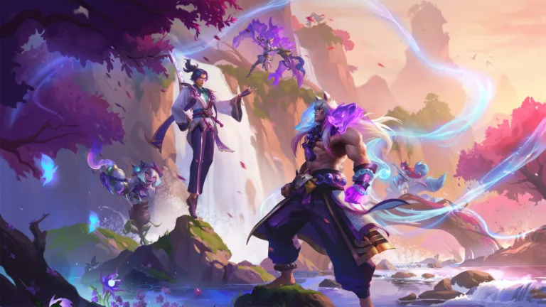 A breathtaking 4K wallpaper featuring the enchanting Spirit Blossom skins of Sett, Master Yi, Tristana, Ahri, and Riven in the immersive world of Wild Rift, capturing the essence of beauty and power as these champions come to life in vibrant detail.