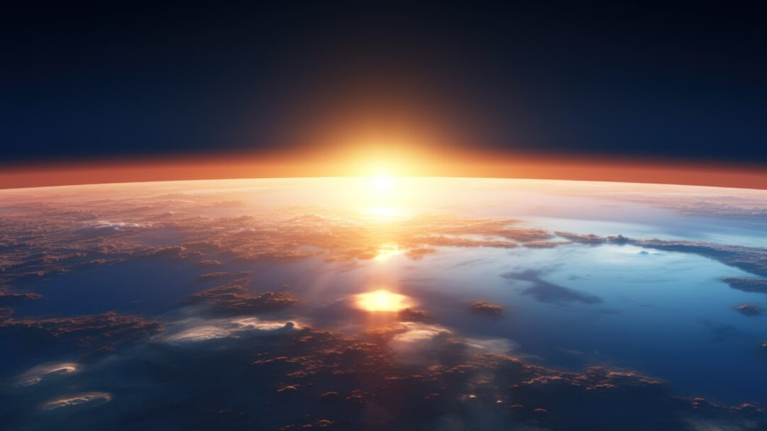 Experience the tranquility of a sunrise over the world in this stunning 4K wallpaper generated by AI. It's an ideal choice for your high-resolution desktop background, capturing the beauty of a serene global sunrise.