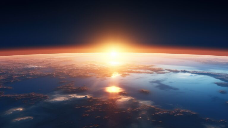 Experience the tranquility of a sunrise over the world in this stunning 4K wallpaper generated by AI. It's an ideal choice for your high-resolution desktop background, capturing the beauty of a serene global sunrise.