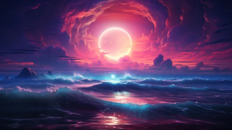 Delve into a dreamlike landscape with this AI-generated 4K wallpaper capturing a surreal pink-hued moonlight on the horizon. Perfect for high-resolution displays, it creates an atmospheric and captivating visual experience.