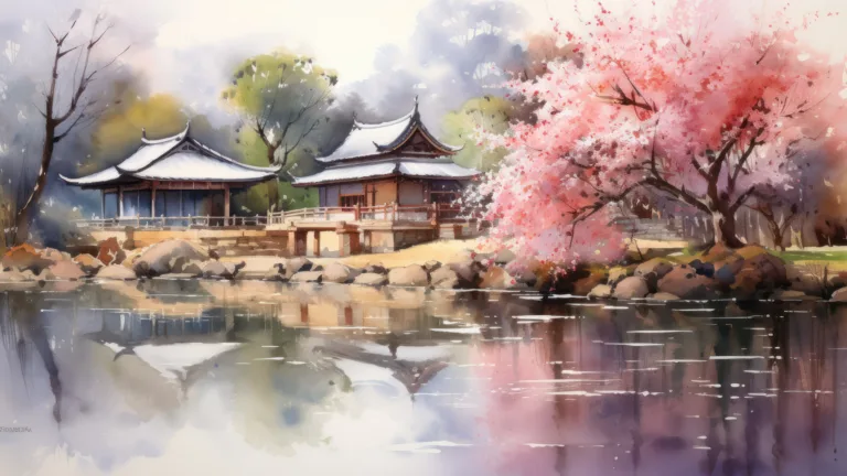 Experience the tranquility of a Japanese-inspired watercolor scene in this AI-generated 4K wallpaper. Perfect for high-resolution displays, it embodies a serene artistic depiction.