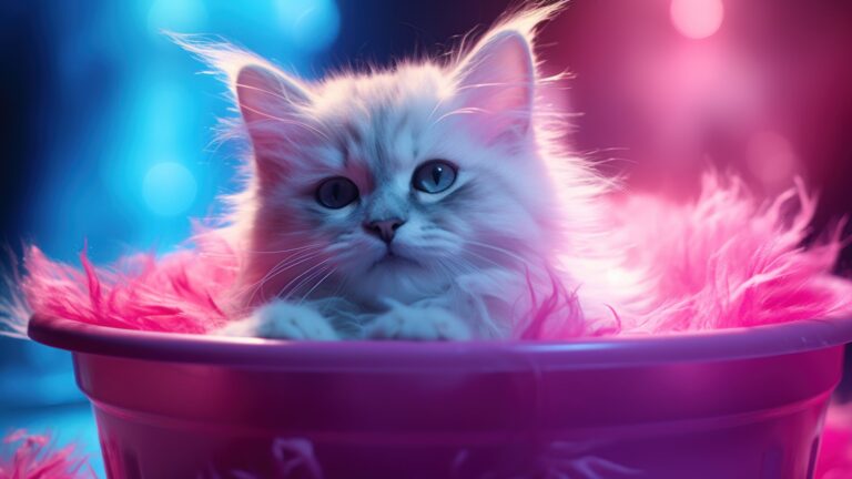 Adorn your screen with a charming scene featuring a white kitty nestled in a bucket, portrayed in this AI-generated 4K wallpaper. Perfect for animal lovers and high-resolution displays, it captures the adorable essence of a feline companion.