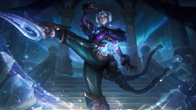 n enchanting 4K wallpaper capturing the beauty of the Winterblessed Camille skin, featuring Camille, the Steel Shadow, adorned in a winter-themed attire amidst the captivating and icy landscape of the League of Legends universe.