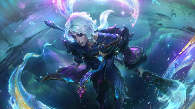 A mesmerizing 4K wallpaper featuring the enchanting Winterblessed Hwei skin, showcasing Hwei in a frost-kissed, regal appearance, set against the backdrop of the winter wonderland within the captivating universe of League of Legends.