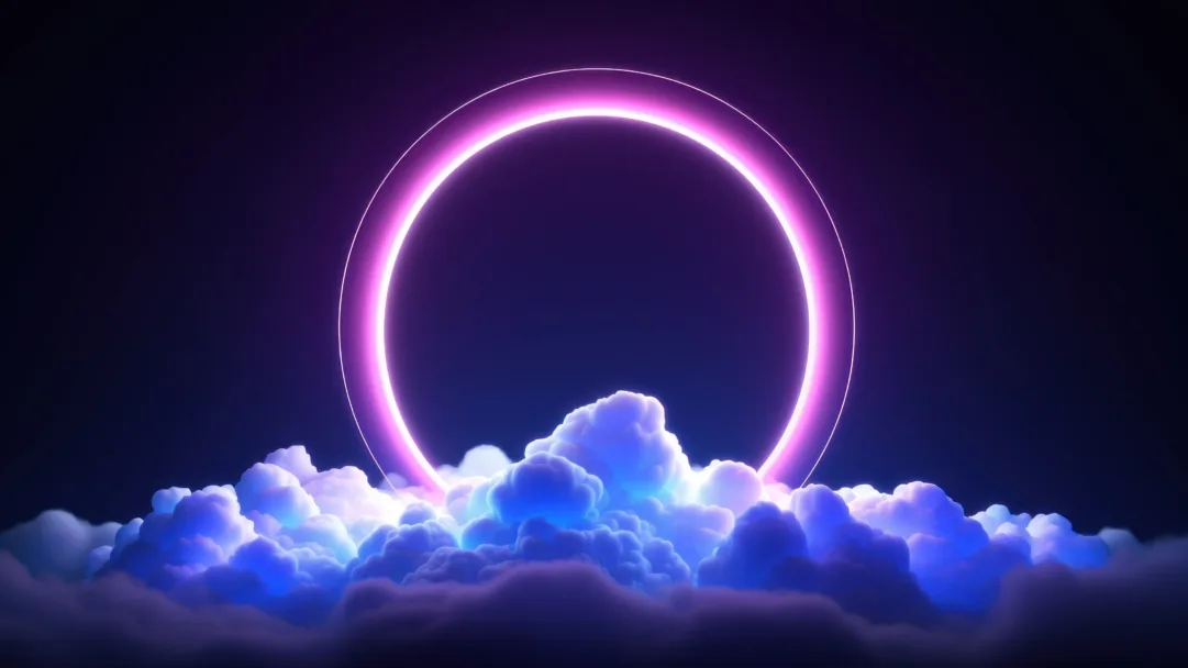 An entrancing 4K wallpaper featuring neon-lit abstract clouds created through AI, casting a vivid and electrifying glow. The interplay of neon lights against the abstract cloud formations generates a mesmerizing visual spectacle, perfect for adorning your screen with futuristic allure.