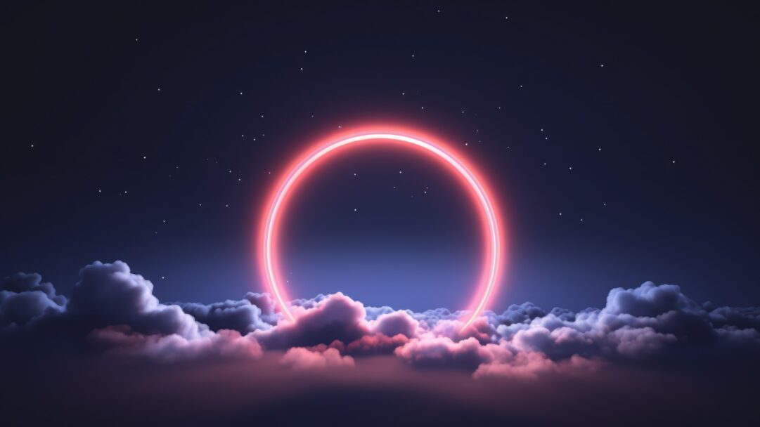 A captivating 4K wallpaper featuring an AI-generated abstract neon light ring suspended above a backdrop of billowing clouds. The vibrant neon hues illuminate the sky, creating a mesmerizing contrast against the soft, ethereal cloudscape.
