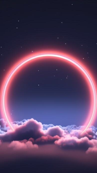 A captivating 4K wallpaper featuring an AI-generated abstract neon light ring suspended above a backdrop of billowing clouds. The vibrant neon hues illuminate the sky, creating a mesmerizing contrast against the soft, ethereal cloudscape.