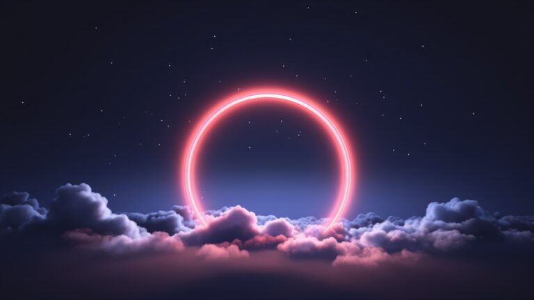 A captivating 4K wallpaper featuring an AI-generated abstract neon light ring suspended above a backdrop of billowing clouds. The vibrant neon hues illuminate the sky, creating a mesmerizing contrast against the soft, ethereal cloudscape.