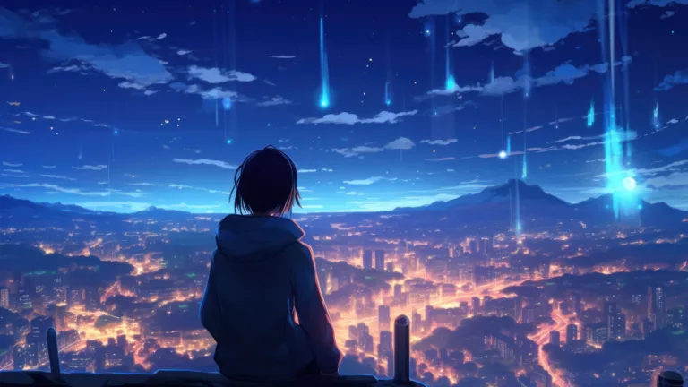 Imagine an anime character standing in contemplation, gazing over a bustling cityscape in this AI-generated 4K wallpaper. While not a direct representation, it conveys the essence of an anime character admiring a city's skyline, perfect for high-resolution displays in a digital art form.