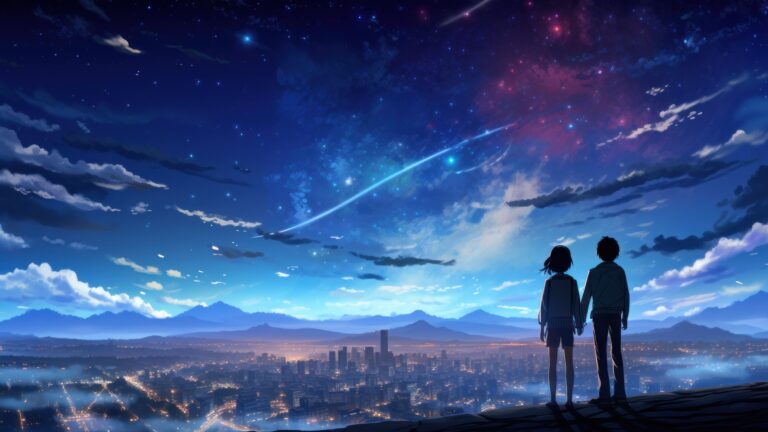 Immerse yourself in a captivating night scene with anime-inspired characters set against a starry sky in this AI-generated 4K wallpaper. Although not representing copyrighted characters, it evokes the ambiance of an anime-inspired night setting, perfect for high-resolution displays.