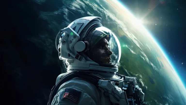 An awe-inspiring 4K wallpaper showcasing an AI-generated astronaut suspended in space, hovering above Earth's majestic curvature. The astronaut's silhouette against the planet creates a captivating and surreal visual experience, evoking wonder and exploration.