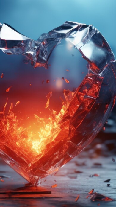 A mesmerizing 4K wallpaper created by AI, portraying a shattered heart made of glass against a dark backdrop. The fragmented pieces evoke a sense of emotional depth and complexity, delivering a powerful visual narrative.