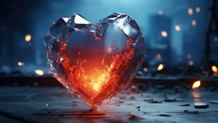 A mesmerizing 4K wallpaper created by AI, portraying a shattered heart made of glass against a dark backdrop. The fragmented pieces evoke a sense of emotional depth and complexity, delivering a powerful visual narrative.
