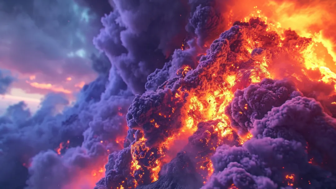 An awe-inspiring 4K wallpaper capturing a close-up view of an AI-generated volcanic eruption. Fiery lava bursts forth from the crater, accompanied by billowing smoke and intense heat, showcasing the raw power and intensity of nature's forces.