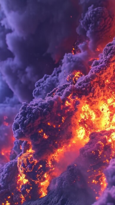 An awe-inspiring 4K wallpaper capturing a close-up view of an AI-generated volcanic eruption. Fiery lava bursts forth from the crater, accompanied by billowing smoke and intense heat, showcasing the raw power and intensity of nature's forces.