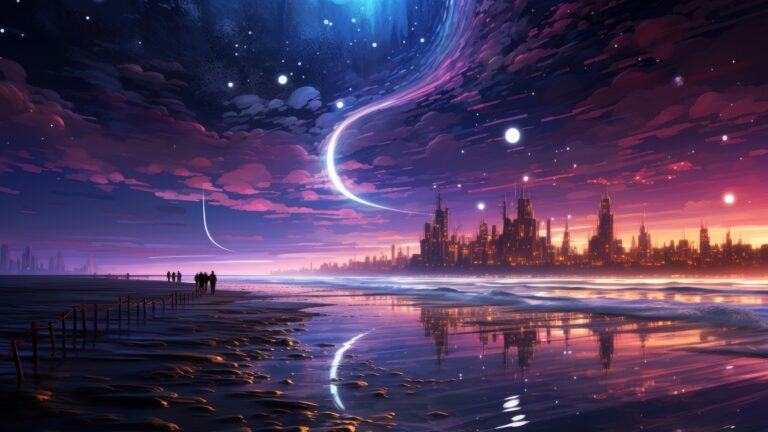 Immerse yourself in a cyberpunk-inspired futuristic scene featuring a moonlit sea in this AI-generated 4K wallpaper. Perfect for high-resolution displays, it blends the essence of technology and moonlit ocean views into a captivating digital art composition.