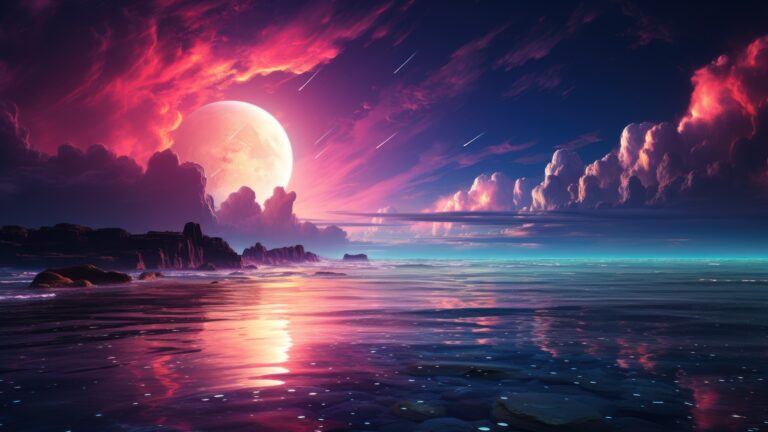 Delve into a futuristic and vibrant display with this AI-generated 4K wallpaper featuring a cyberpunk-inspired neon moonlit sea. Ideal for high-resolution displays, it presents a captivating and futuristic digital art composition.