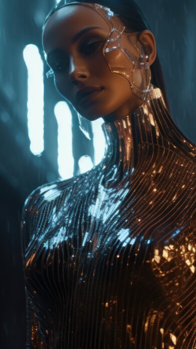 A captivating 4K wallpaper displaying an AI-generated cyberpunk woman adorned in a sleek, futuristic garment. The figure emanates a sense of avant-garde style against a dynamic and high-tech backdrop, exuding a futuristic allure.