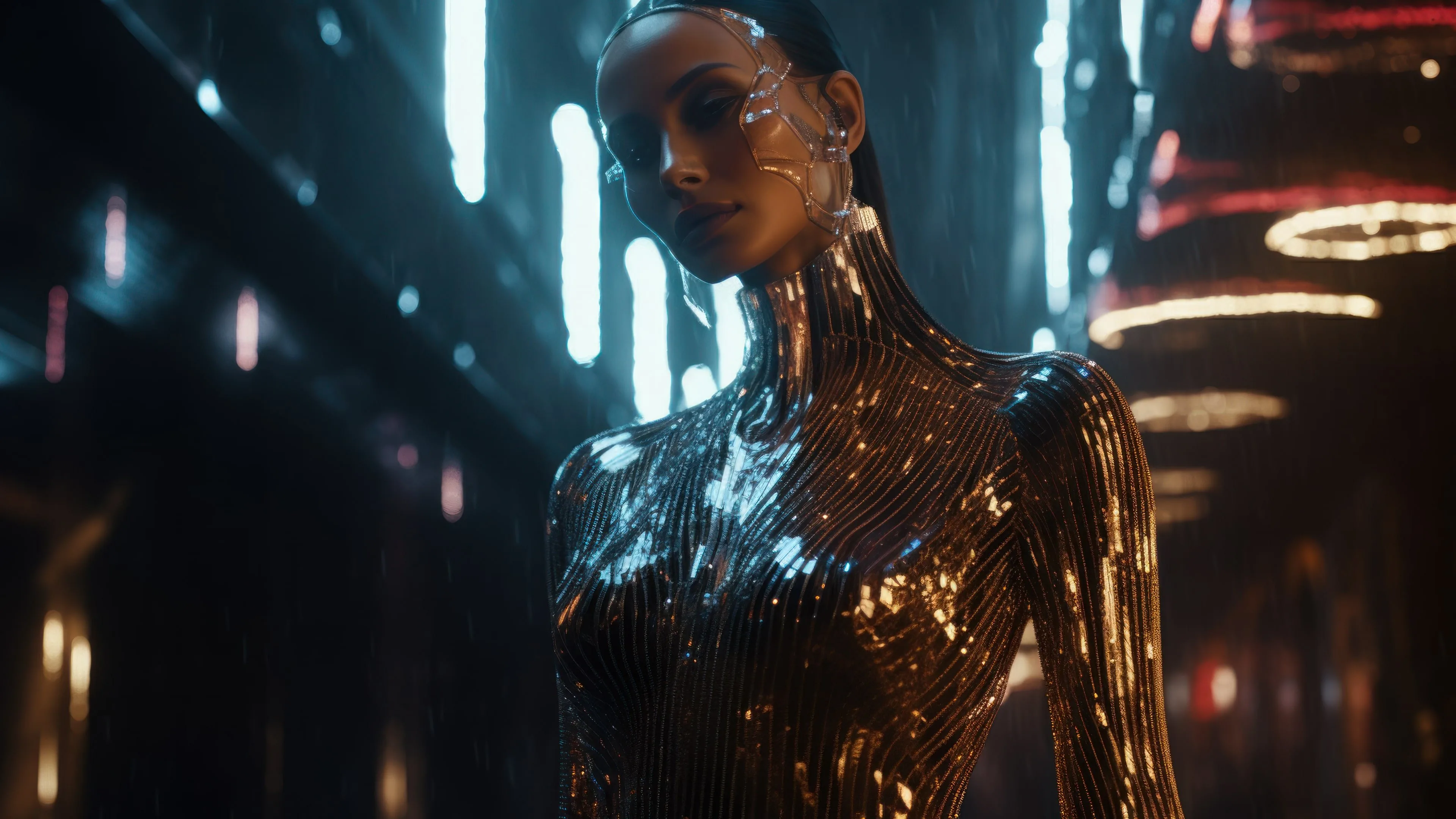 A captivating 4K wallpaper displaying an AI-generated cyberpunk woman adorned in a sleek, futuristic garment. The figure emanates a sense of avant-garde style against a dynamic and high-tech backdrop, exuding a futuristic allure.