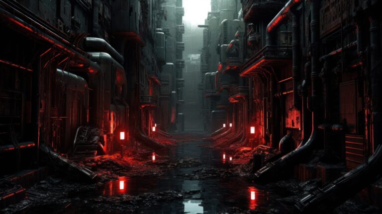 A captivating 4K wallpaper unveiling a dark cyberpunk underworld crafted by AI, featuring neon-soaked streets, towering skyscrapers, and futuristic cityscapes. Vibrant lights pierce through the shadows, creating an immersive and dystopian visual experience.