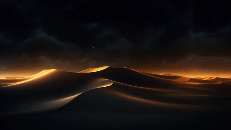 Experience the mystique of desert sand dunes at night in this AI-generated 4K wallpaper. Ideal for high-resolution displays, it showcases the serene beauty of the desert landscape under the night sky.