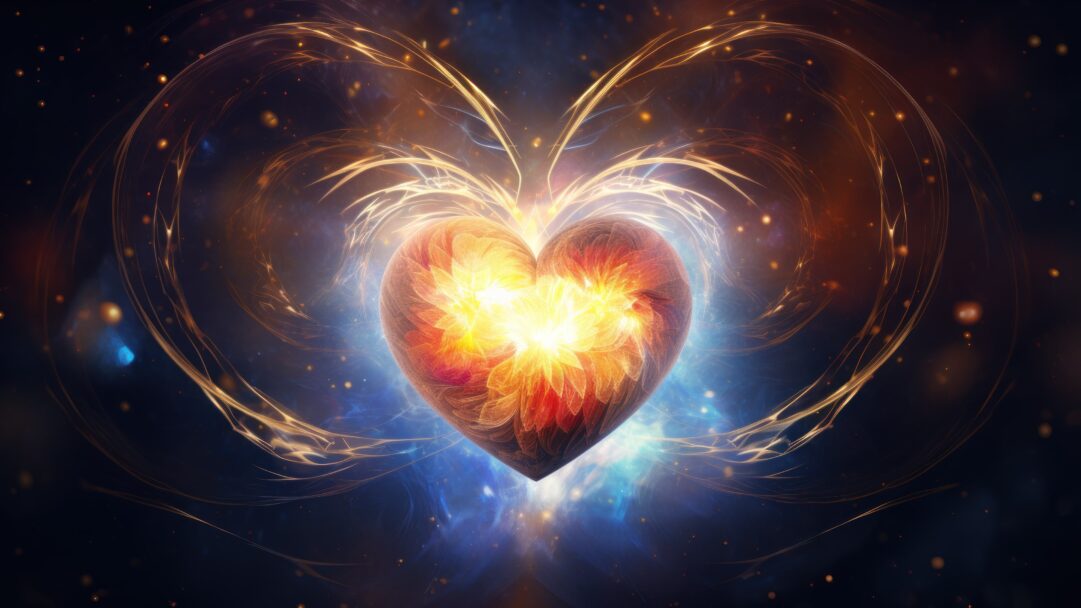 A breathtaking 4K wallpaper presenting an AI-generated radiant gold heart emitting divine light and intricate patterns. This stunning artwork creates an ethereal and captivating visual experience, perfect for enhancing your desktop or mobile screen.