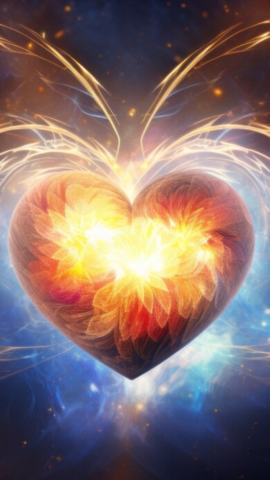 A breathtaking 4K wallpaper presenting an AI-generated radiant gold heart emitting divine light and intricate patterns. This stunning artwork creates an ethereal and captivating visual experience, perfect for enhancing your desktop or mobile screen.