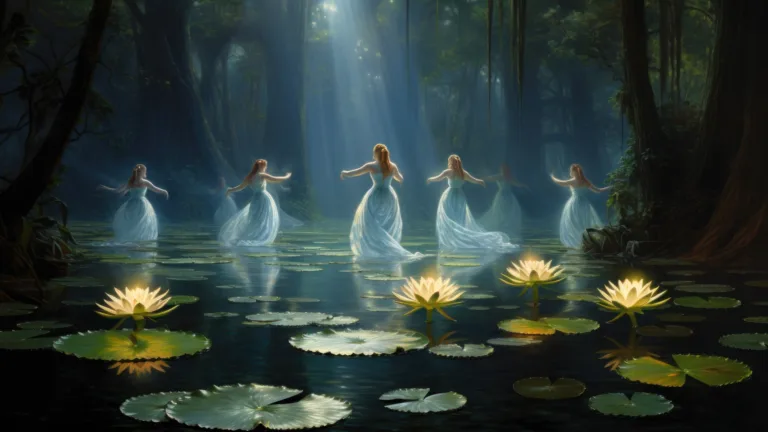 A mesmerizing 4K wallpaper illustrating ethereal women gracefully dancing on water lilies, crafted through AI-generated artistry. The serene scene captures their movements amidst vibrant aquatic flora, evoking a sense of enchantment and beauty.