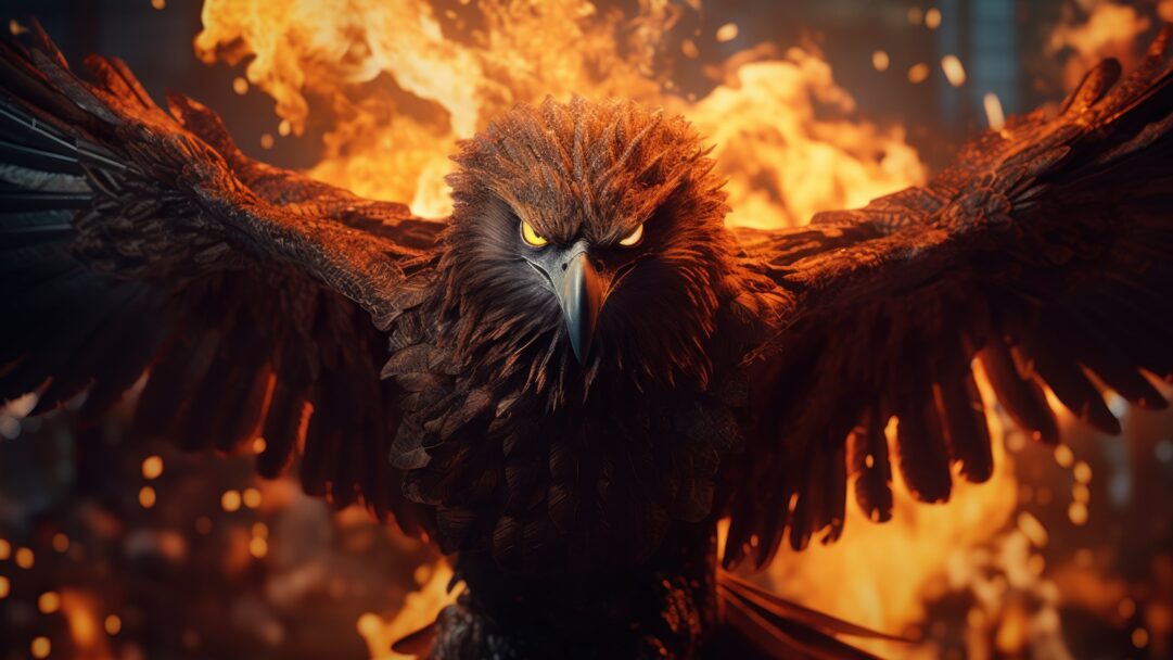 An exquisite 4K wallpaper displaying an AI-generated flaming phoenix soaring against a backdrop of vibrant hues. The phoenix's fiery plumage and majestic flight embody strength and rebirth, creating a captivating visual spectacle.
