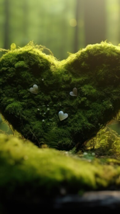 A captivating 4K wallpaper displaying an AI-generated moss-covered heart surrounded by lush foliage, evoking a sense of flourishing nature and serenity. The intricate details and vibrant green hues create an enchanting visual centerpiece for your digital backdrop.