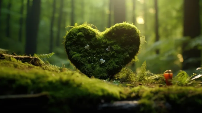 A captivating 4K wallpaper displaying an AI-generated moss-covered heart surrounded by lush foliage, evoking a sense of flourishing nature and serenity. The intricate details and vibrant green hues create an enchanting visual centerpiece for your digital backdrop.