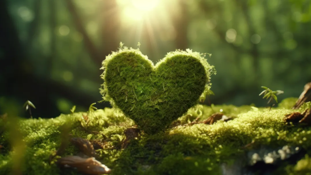 A captivating 4K wallpaper featuring an AI-generated heart-shaped formation made of lush moss nestled within a serene forest. The intricate details of nature's embrace evoke a sense of love and tranquility, ideal for adorning your desktop or mobile screen.