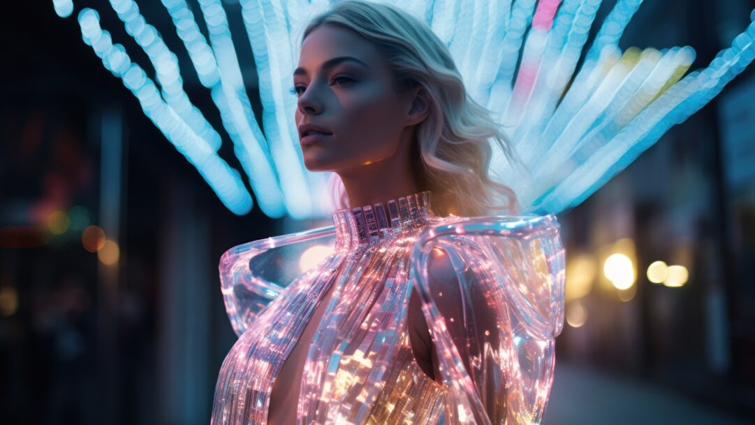 A mesmerizing 4K wallpaper featuring an AI-generated futuristic fashion model adorned in avant-garde attire. The high-tech, cyberpunk-inspired design creates a visually stunning and modern aesthetic digital art.