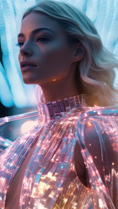 A mesmerizing 4K wallpaper featuring an AI-generated futuristic fashion model adorned in avant-garde attire. The high-tech, cyberpunk-inspired design creates a visually stunning and modern aesthetic digital art.