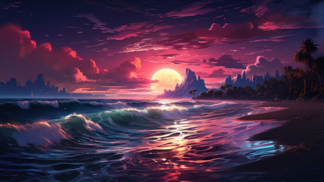 Explore a captivating and futuristic vision of a moonlit neon sea through this AI-generated 4K wallpaper. Perfect for high-resolution displays, it portrays an imaginative and vibrant digital art scene with luminous aesthetics.