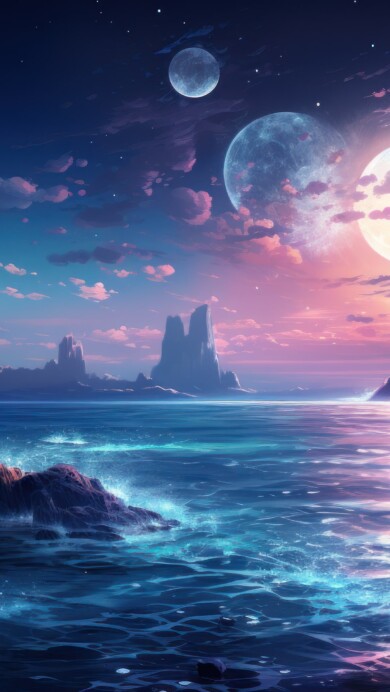 Immerse yourself in a captivating vision of a futuristic moonlit ocean waves in this AI-generated 4K wallpaper. Perfect for high-resolution displays, it presents a dynamic and visually engaging digital art scene with luminous aesthetics.