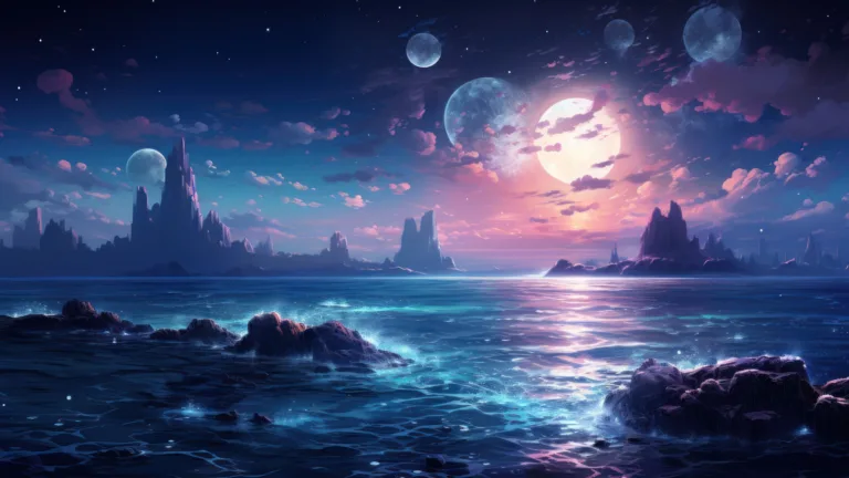 Immerse yourself in a captivating vision of a futuristic moonlit ocean waves in this AI-generated 4K wallpaper. Perfect for high-resolution displays, it presents a dynamic and visually engaging digital art scene with luminous aesthetics.