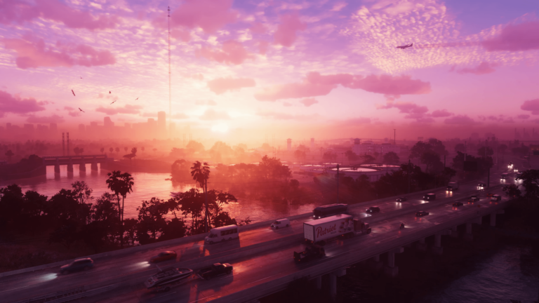 A breathtaking 4K wallpaper capturing the essence of GTA 6 at sunset, where the cityscape comes alive with warm hues, reflecting the next level of open-world gaming from Rockstar Games. Immerse yourself in the stunning visuals of Grand Theft Auto 6 as the sun dips below the horizon, casting a golden glow over the dynamic urban landscape.