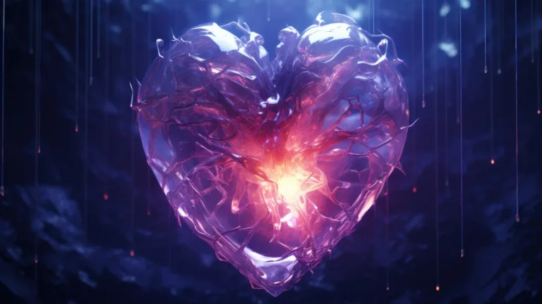 A mesmerizing 4K wallpaper displaying an AI-generated delicate glass heart glowing in vibrant pink hues. The intricate fragility of the heart against a dark backdrop evokes a captivating blend of beauty and vulnerability, ideal for enhancing your digital space.