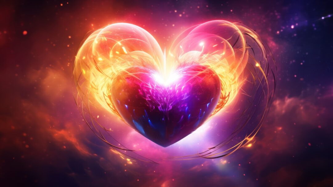 An enchanting 4K wallpaper revealing an AI-generated radiant heart glowing in shades of purple and gold. The intricate design emits a mesmerizing aura, ideal for adding a touch of magic to your screen.