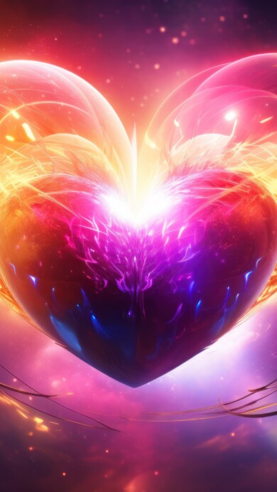 An enchanting 4K wallpaper revealing an AI-generated radiant heart glowing in shades of purple and gold. The intricate design emits a mesmerizing aura, ideal for adding a touch of magic to your screen.